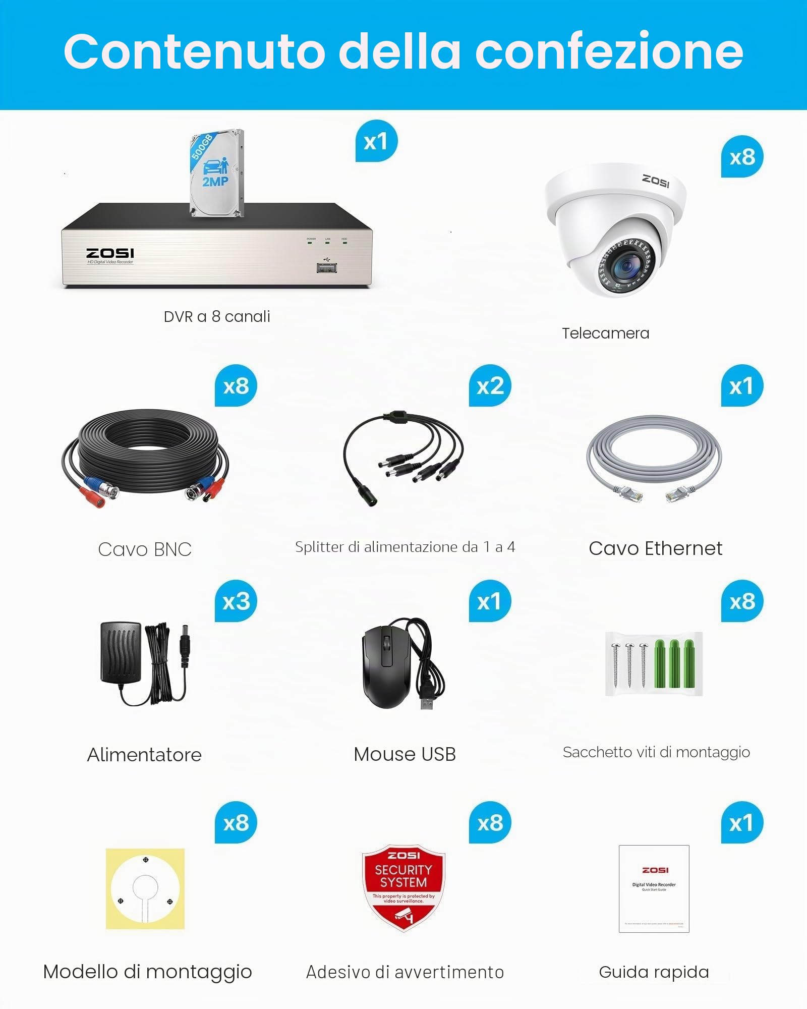 ZOSI Kit Telecamera Sorveglianza Esterna Cablata 1080P con DVR 8CH 500GB | Rilevamento di Persone/Veicoli, Visione Notturna IR 24 m, Angolo di Visione 90°, Avviso Istantaneo tramite APP gratuita