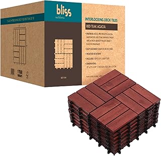 Bliss Outdoors Hardwood 12-Slat Interlocking Deck Tiles, Acacia Wooden Waterproof Patio Flooring for Balcony Indoor and Outdoor, Red, Set of 10