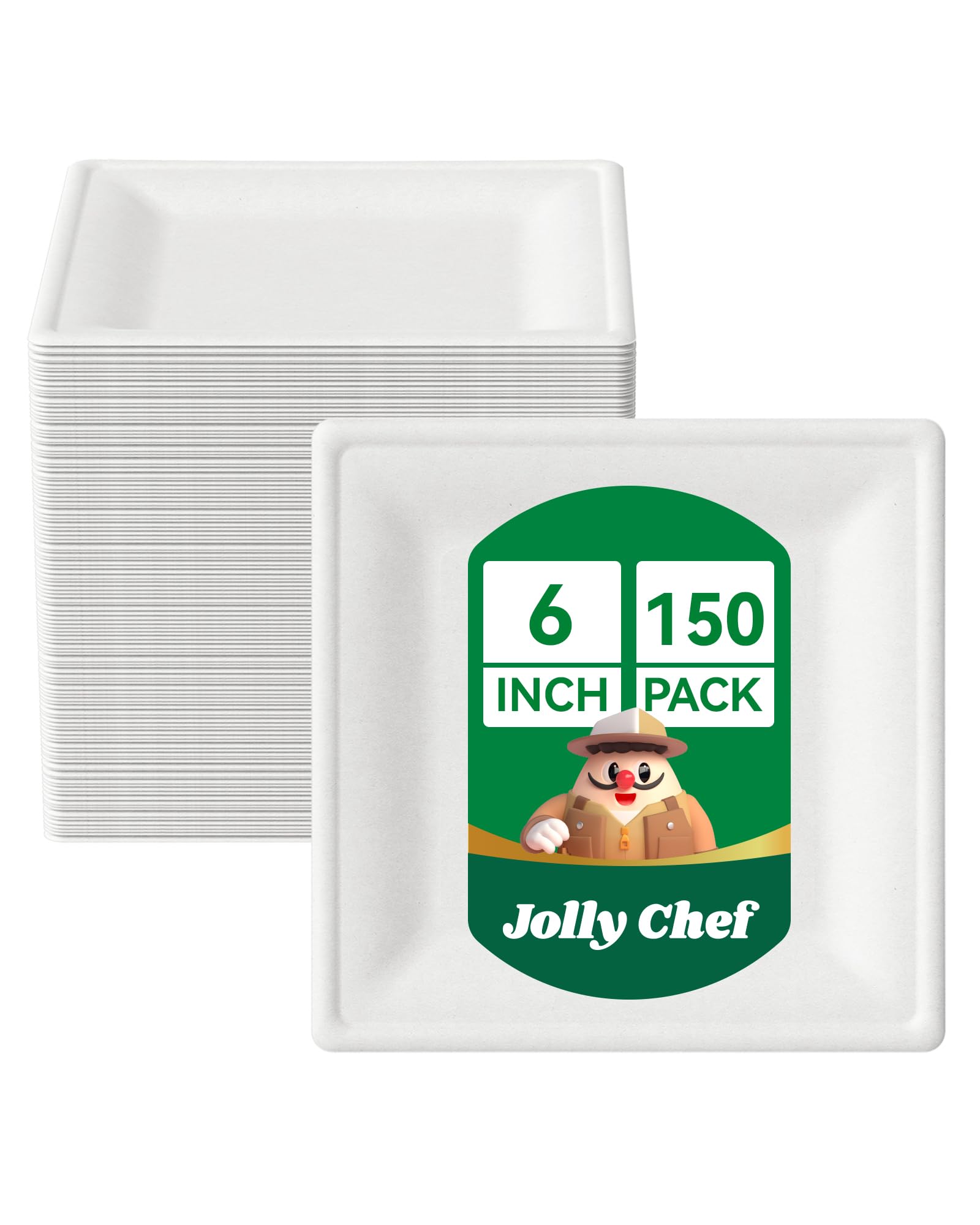 JOLLY CHEF 150 Pack 6 Inch Square Disposable Bagasse Plates Strong White