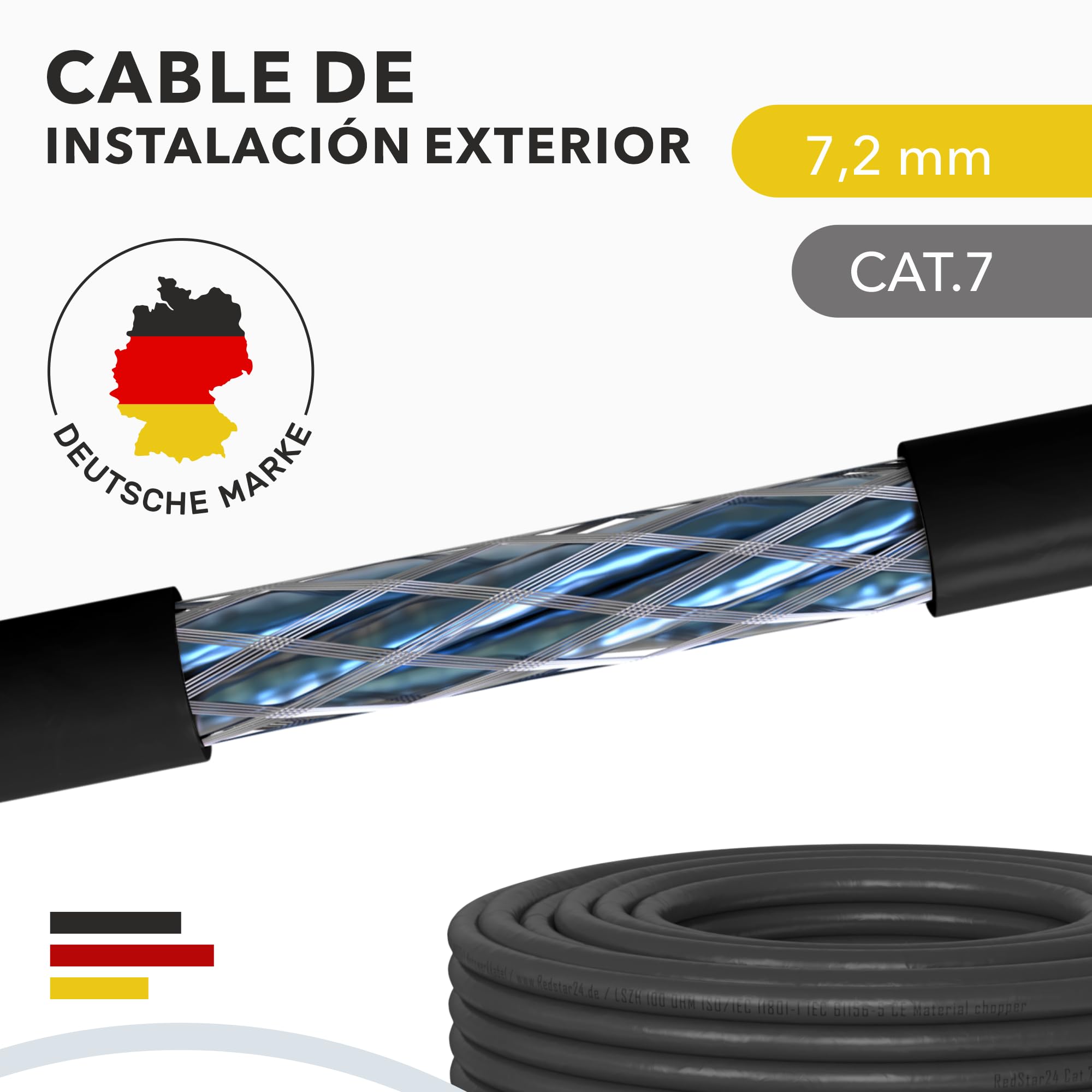 RedStar24 CAT 7 Cable Ethernet Exterior 50m - Cable de Red para Exteriores CAT7 LAN, Cobre, Cable de Datos CAT.7 Gigabit S/FTP, Categoría 7, PIMF, PoE, 10Gbit, Conexión de Red, Bobina 50 Metros