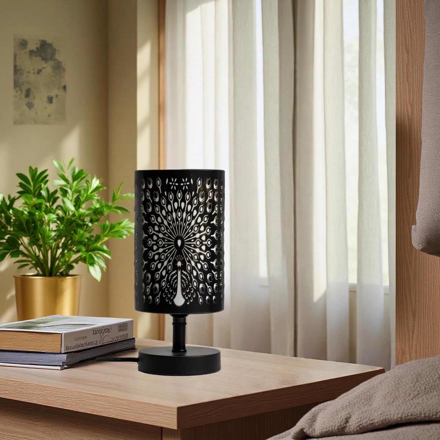 Peacock Style Bedside Lamp Black Metal Table Lamp Bedside Decorative Nightstand Lamp for Bedroom Living Room,Dining Room,Kitchen Outdoor Patio, Peacock Hollow Lampshade Lighting,Home Decor