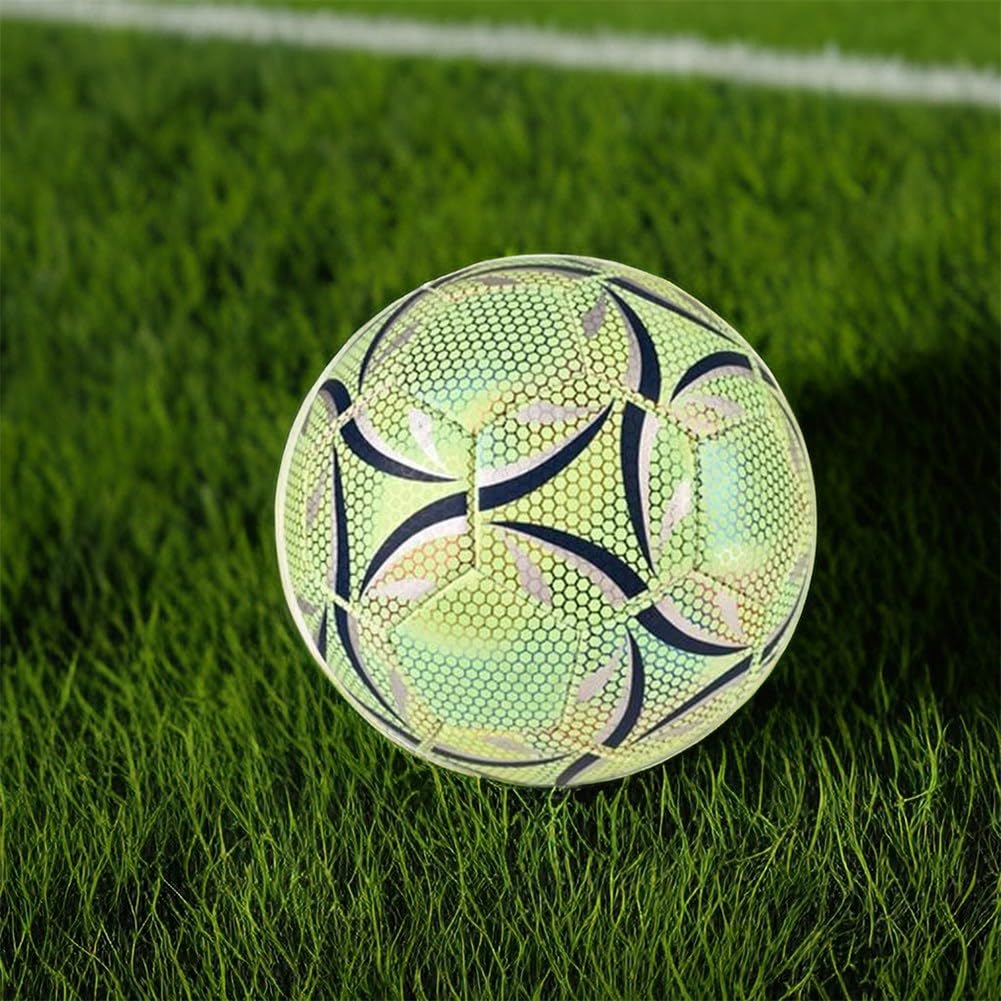 Dokeno Pallone Da Calcio Fluorescente Taglia 5 - Glow In The Dark E Riflettente Olografico - Adatto A Tutte Le Superfici Con Pompa, Rete E Zaino Inclusi - Regalo Per Bambini E Adulti - 3