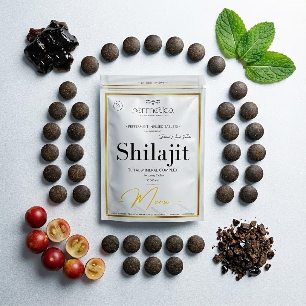Hermetica Meru 500 mg Shilajit Tablets – Peppermint-Infused Mineral Supplement – 60 Dissolvable Tablets