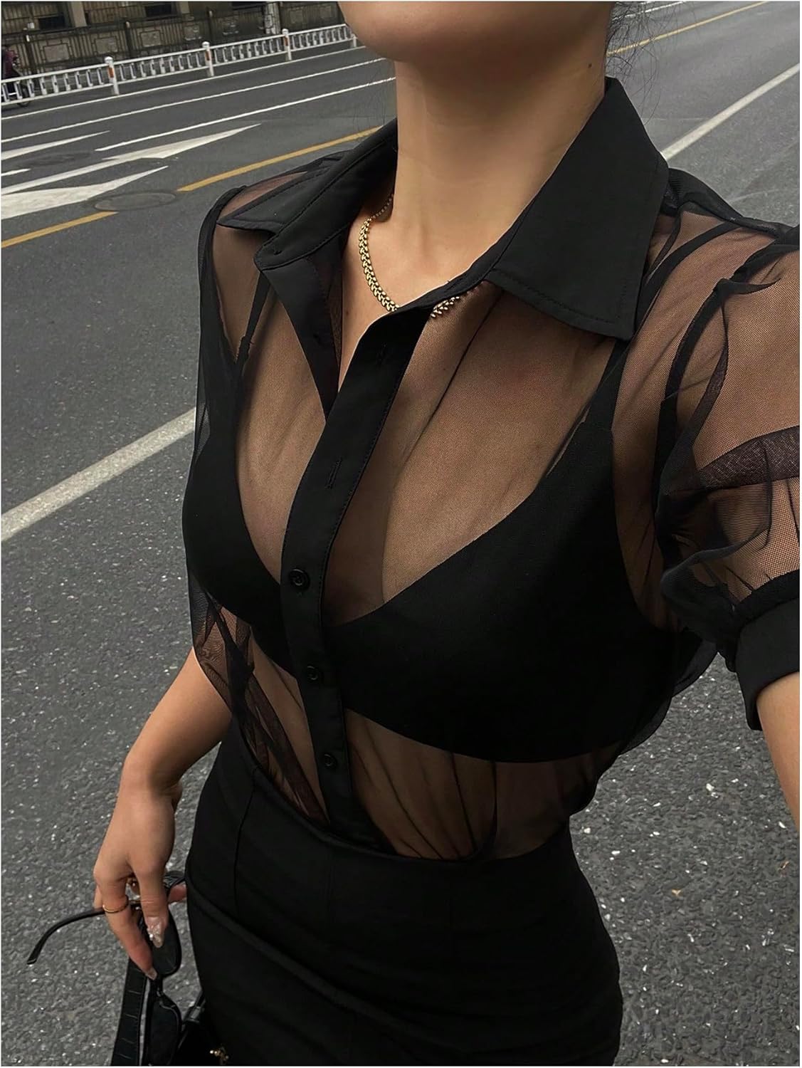 OYOANGLE Women's Sheer Button Up Blouse Puff Short Sleeve See Through Shirts Top Clubwear - Image 2