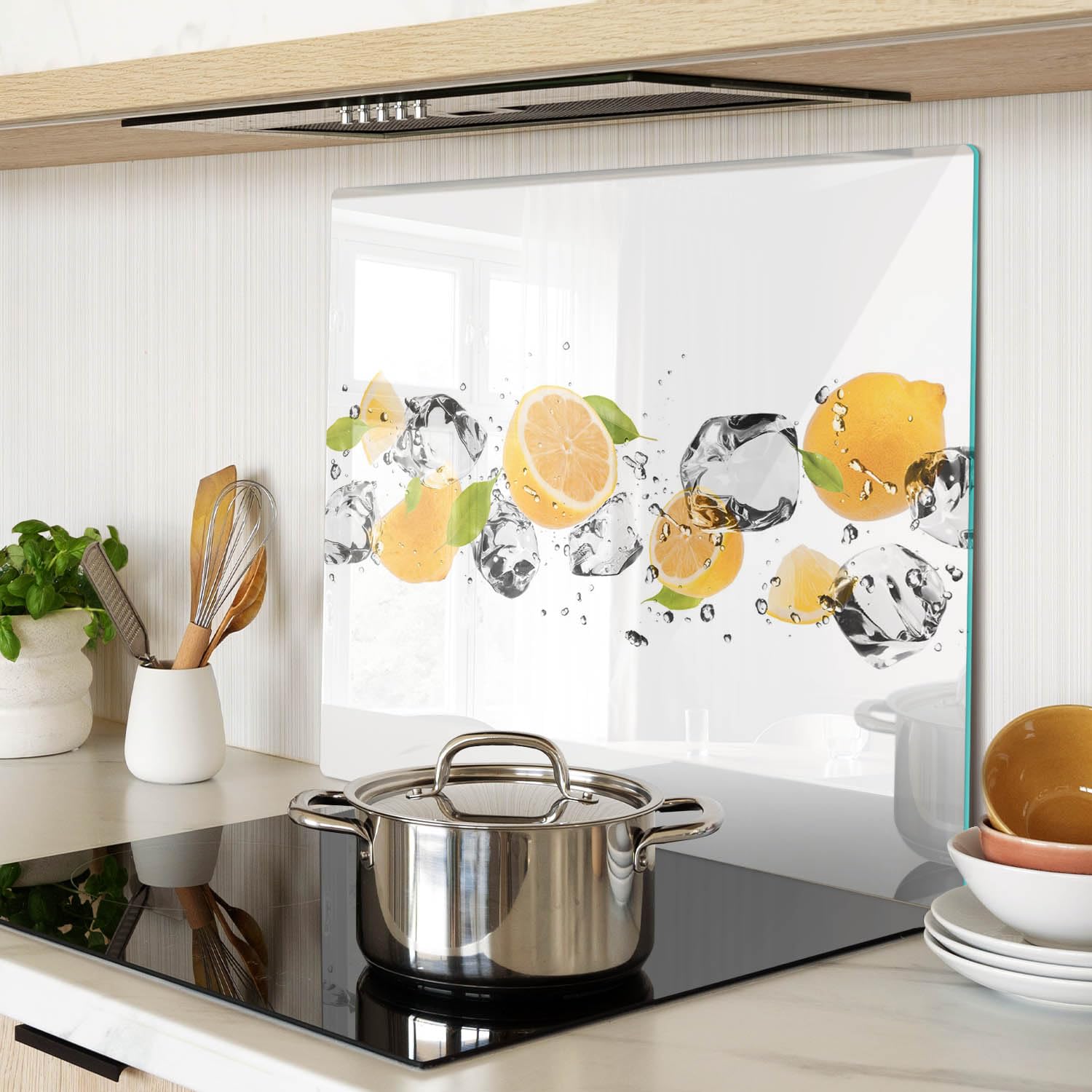 Tagliere in Vetro 60x52 cm Facile da Pulire Rettangolare con Stampe da Cucina Antigraffio Durevole e Igienico con Piedini Antiscivolo Resistente al Calore - Limone e acqua