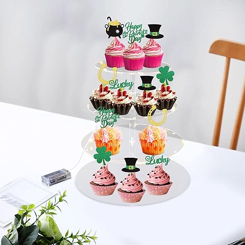Miniatura 6 de 24 piezas de adornos para cupcakes del día de San Patricio, trébol con purpurina de tres hojas, trébol de la suerte, para cupcakes, sombrero,