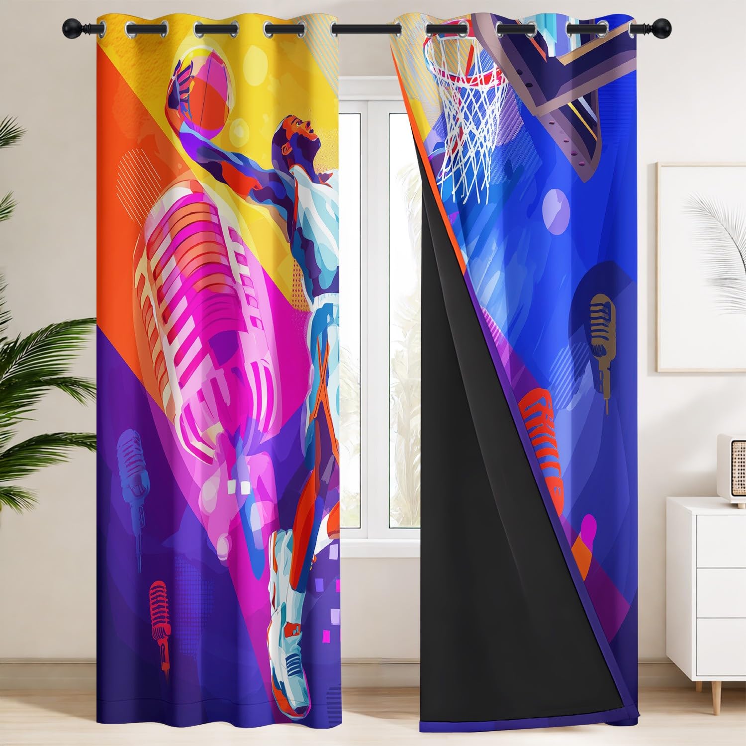 Générique Rideau Occultant Sport Street Lot de 2 L 140 x H 180 cm Joueur Basket Microphone Rideaux Imprimés en Polyester à Oeillets Isolant Thermique Anti Froid pour Salon et Chambre d'enfant