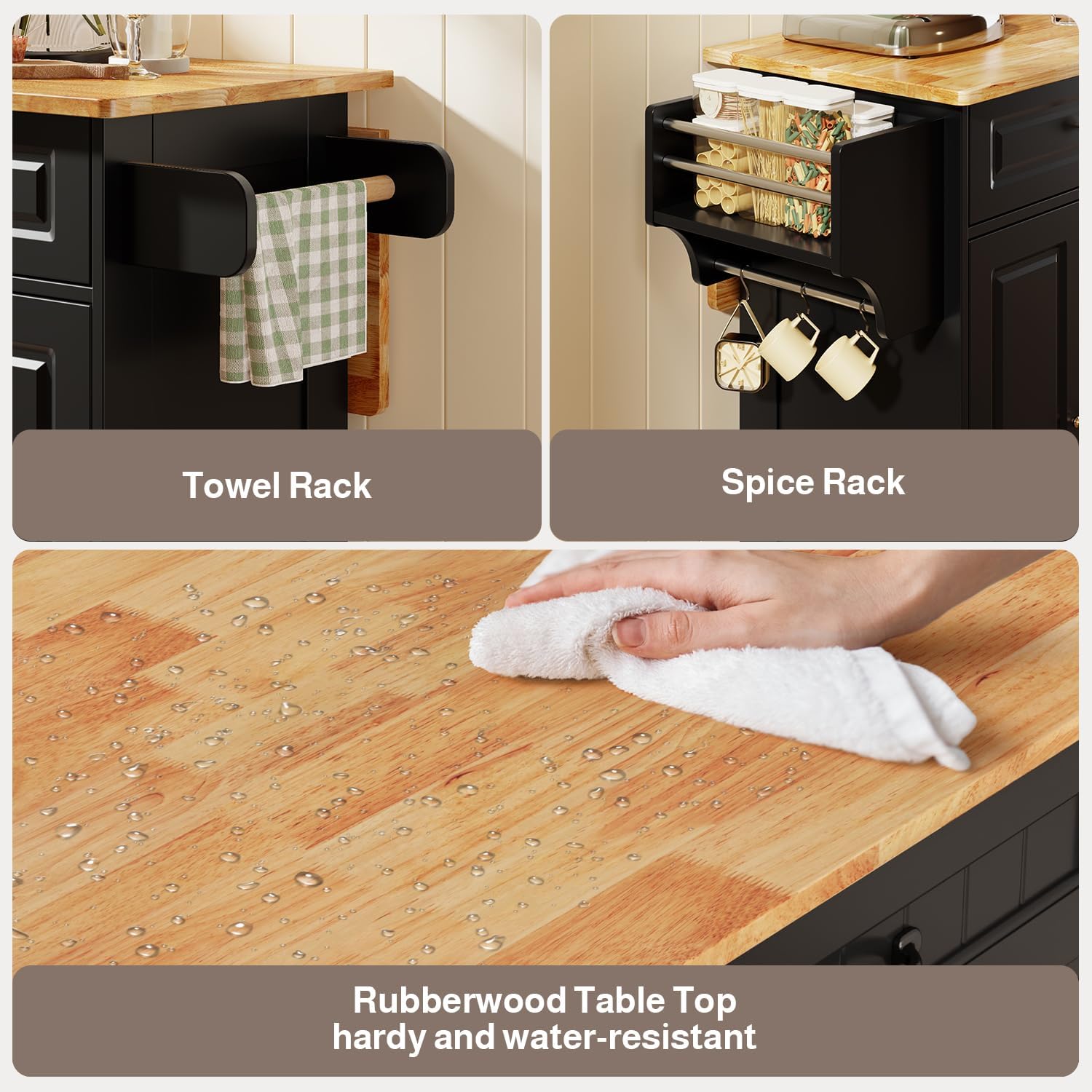 Ahomly 47'' Rolling Kitchen Island with Drop Leaf, Kitchen Island with Spice Rack & Towel Rack, 2 Drawer, Kitchen Island Cart with with Rubberwood Top, Mobile Island Table for Kitchen, Black