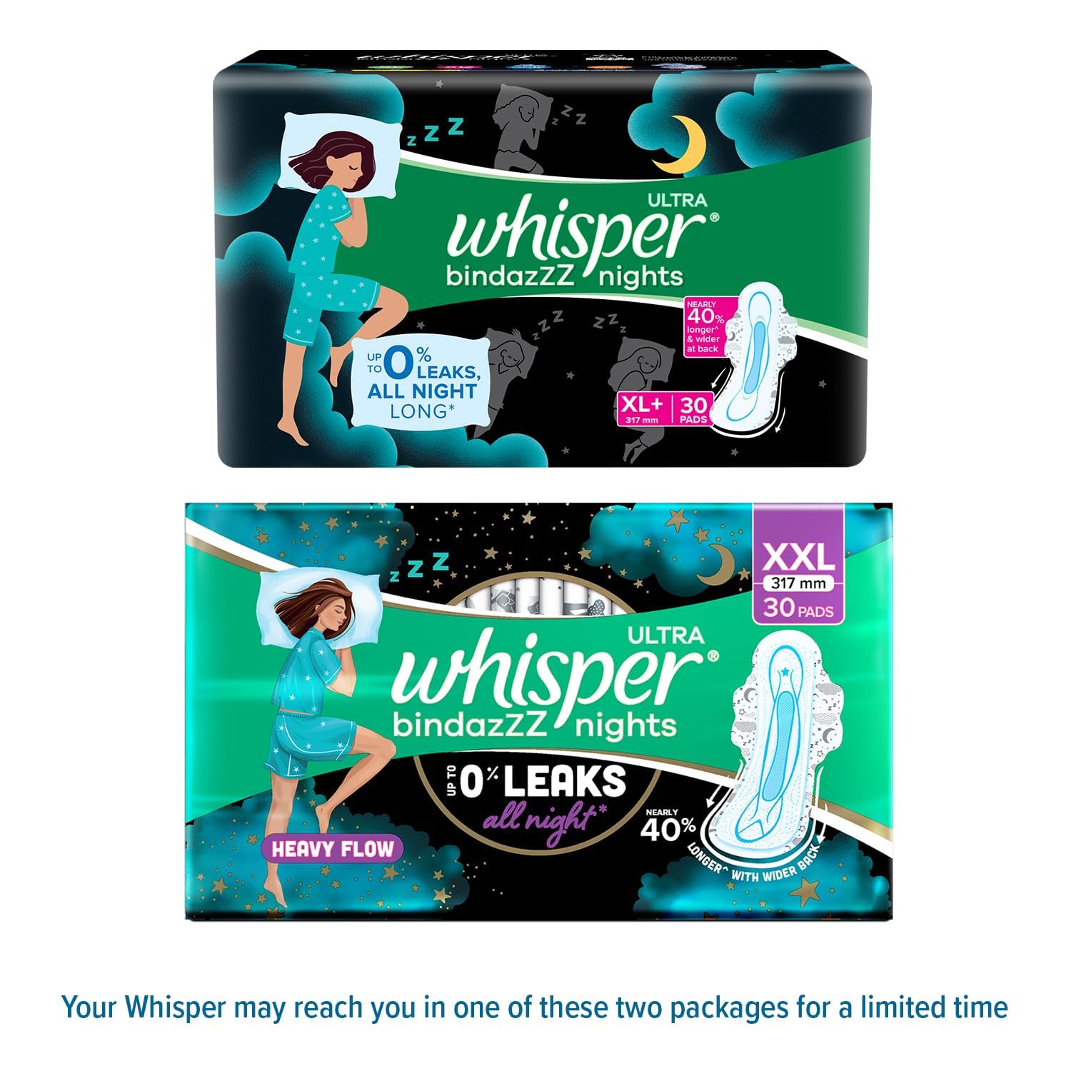 Whisper Ultra Overnight Sanitary Pads with Wings - 30 Pieces (XL Plus)