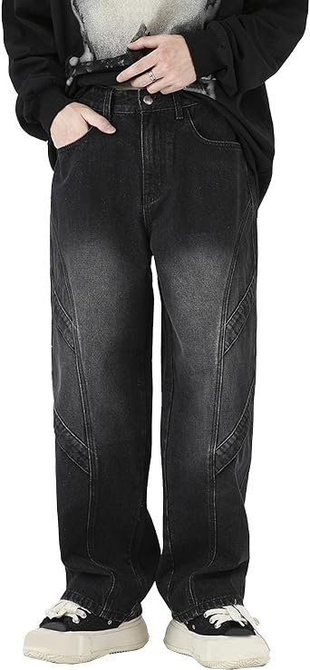 Mens Loose Fit Wide Leg Jeans Casual Baggy Hip Hop Jeans for Men Fashion Vintage Denim Pants with Pockets