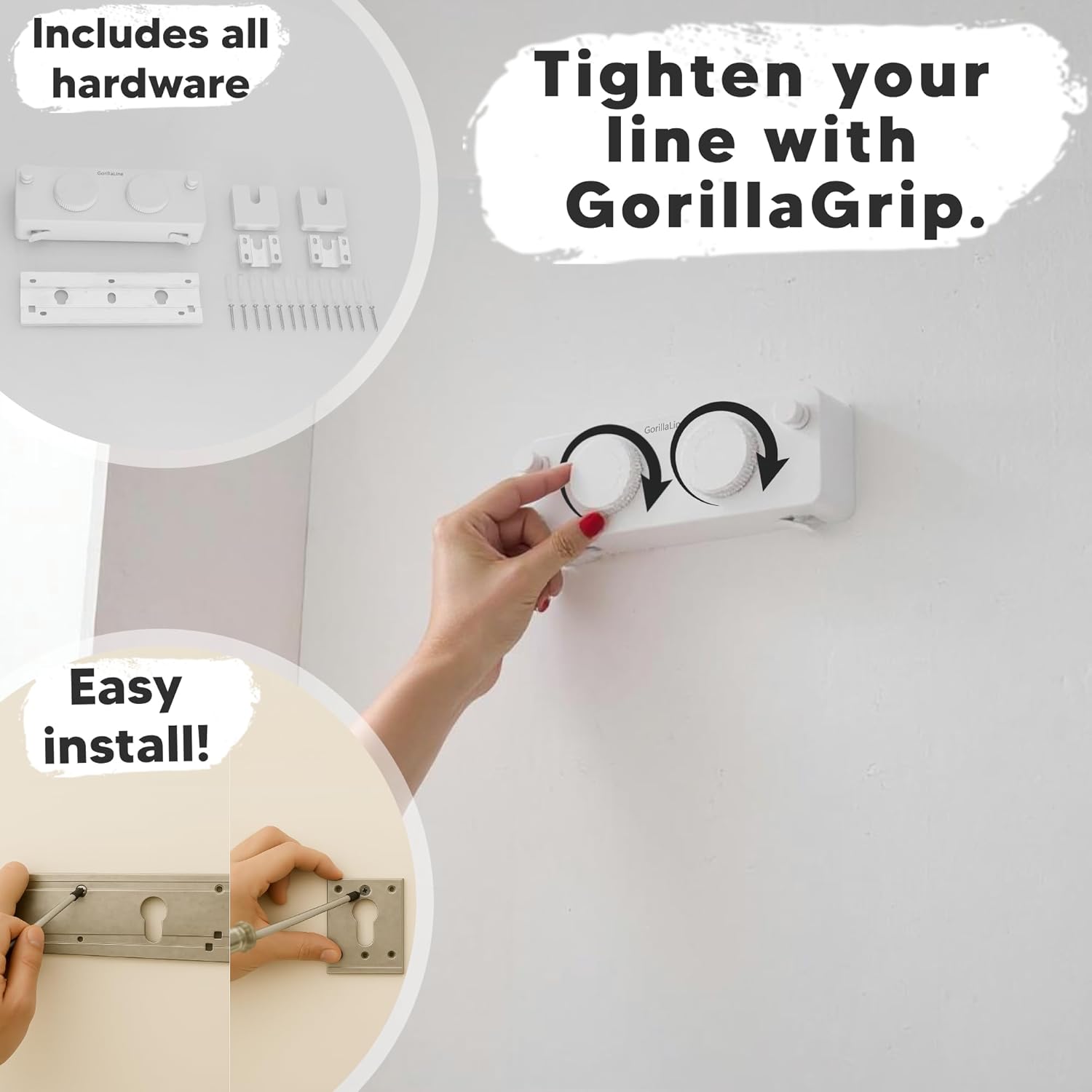 GorillaLine Max - Retractable Clothesline Indoor Outdoor Clothes Line - Heavy Duty Clothes Drying Laundry Line - Wall Mounted Drying Rack - Air Dry Clothing - Max Tighten with GorillaGrip