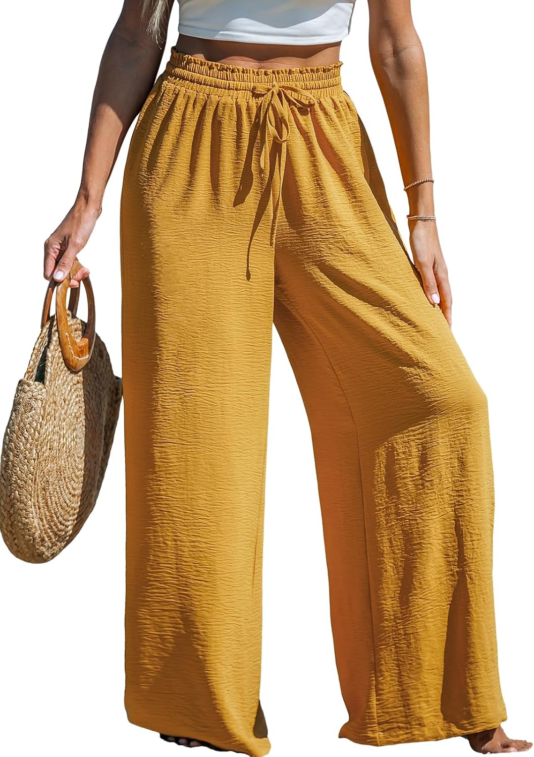 CUPSHE Palazzo Pants for Women Smocked Waist Boho Western Flowy Wide Leg Pant