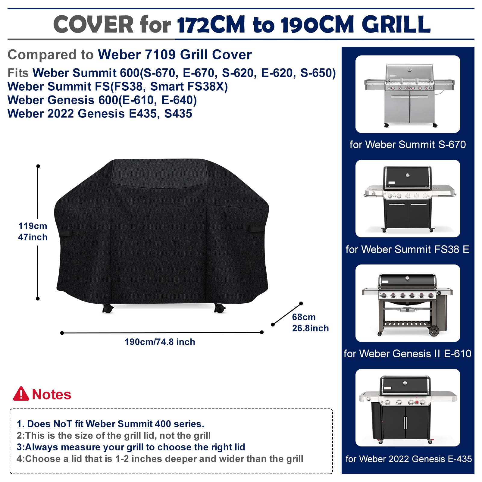7109 - Funda para parrilla de barbacoa de 190 cm, cubierta para parrilla Weber Summit serie 600, cubierta de revestimiento de poliuretano para Brinkmann Dyna-glo Nexgrill Megamaster, Monument
