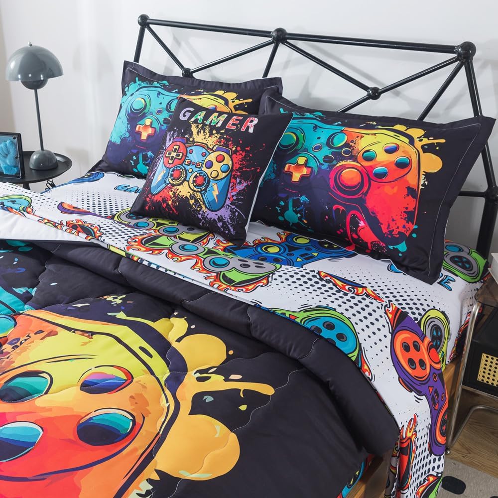 ADASMILE A & S Gaming Comforter Twin for Boys 6 Piece Game Console Bedding