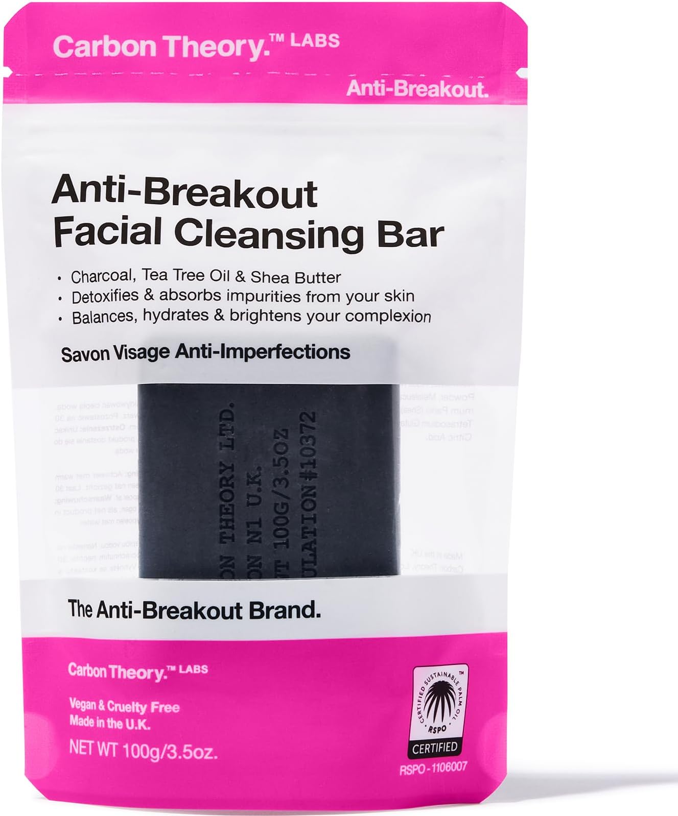 Carbon Theory | Charcoal & Tea Tree Oil Facial Cleansing Bar in Resealable Travel Pack | 100g