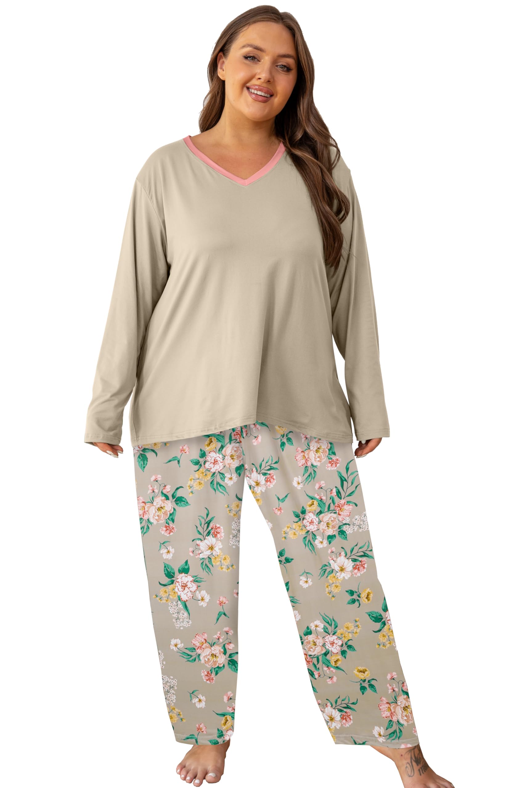 Vozanet Women Plus Size Pajama Sets Sexy V Neck Long Sleeve Long Pants Sleepwear Elegant Floral Pattern Jammies Size XL to 5X