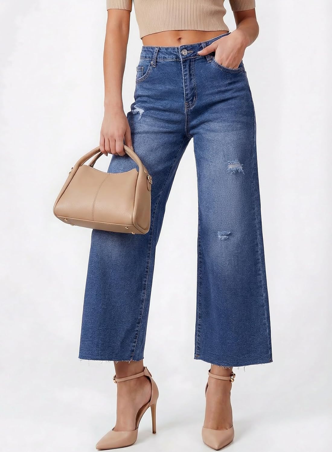 Dokotoo Womens High Waist Baggy Jeans Wide Leg Casual Petite 2026 8 Points Length Stretch Denim Pants - Image 4