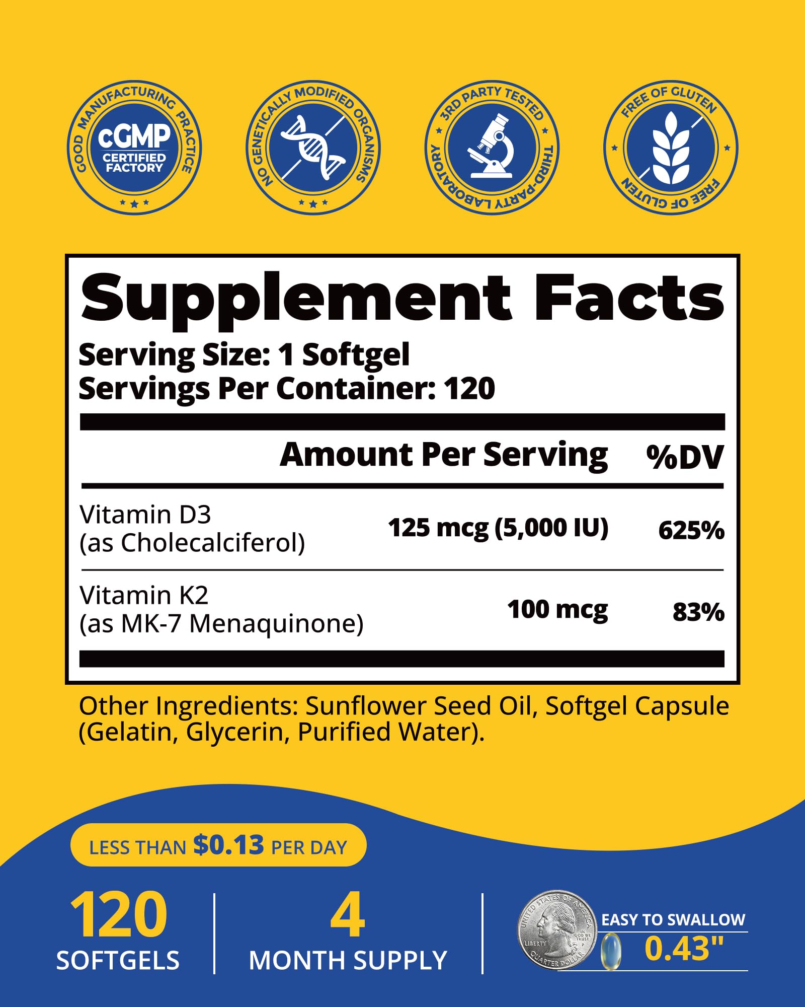 Vitamin D3 K2 5000 IU with MK-7, 3rd Party Tested, 120 Servings — Amazon image 8