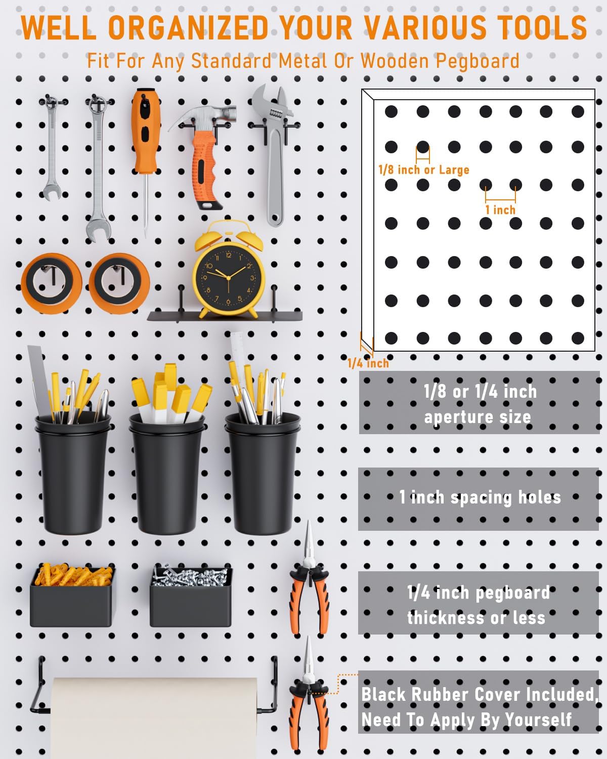 INCLY 30PCS Peg Board Organizer Accessories Kit, Pegboard Hooks Assortment with Bins, Cups, Wire Baskets and Paper Towel Holder for 1/8“ and 1/4” Pegboard Garage Workbench Craft Room Organizing Tools - Image 6