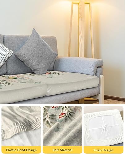 Miniatura 4 de Christmas Balls Couch Cushion Covers, Stretch Sofa Cover with Elastic Bottom, Xmas Snowflake Poinsettia Eucalyptus Leaves Berry Sofa Slipcovers