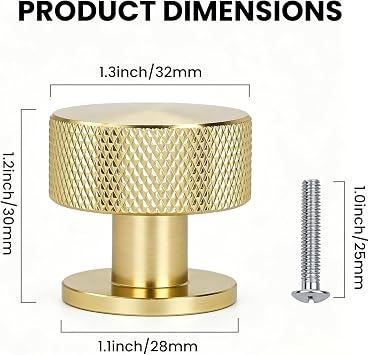 Knurled Cabinet Knobs Matte Black 5 pcs Solid Cupboard Handles Round Drawer Pulls for Kitchen and Furniture Dresser Wardrobe (Gold)