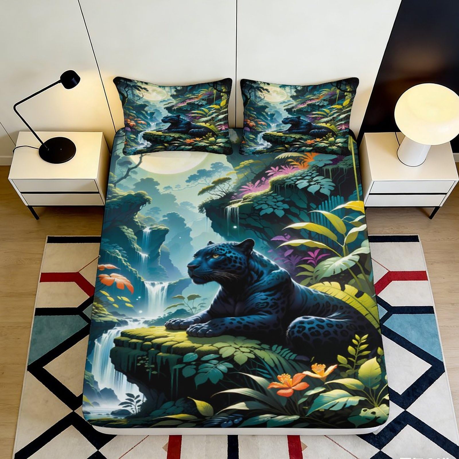 3D Printed Jungle Panther Fitted Sheet Microfiber Soft Mattress Cover Waterfall Forest Bed Decor Bedroom 90x200x25cm