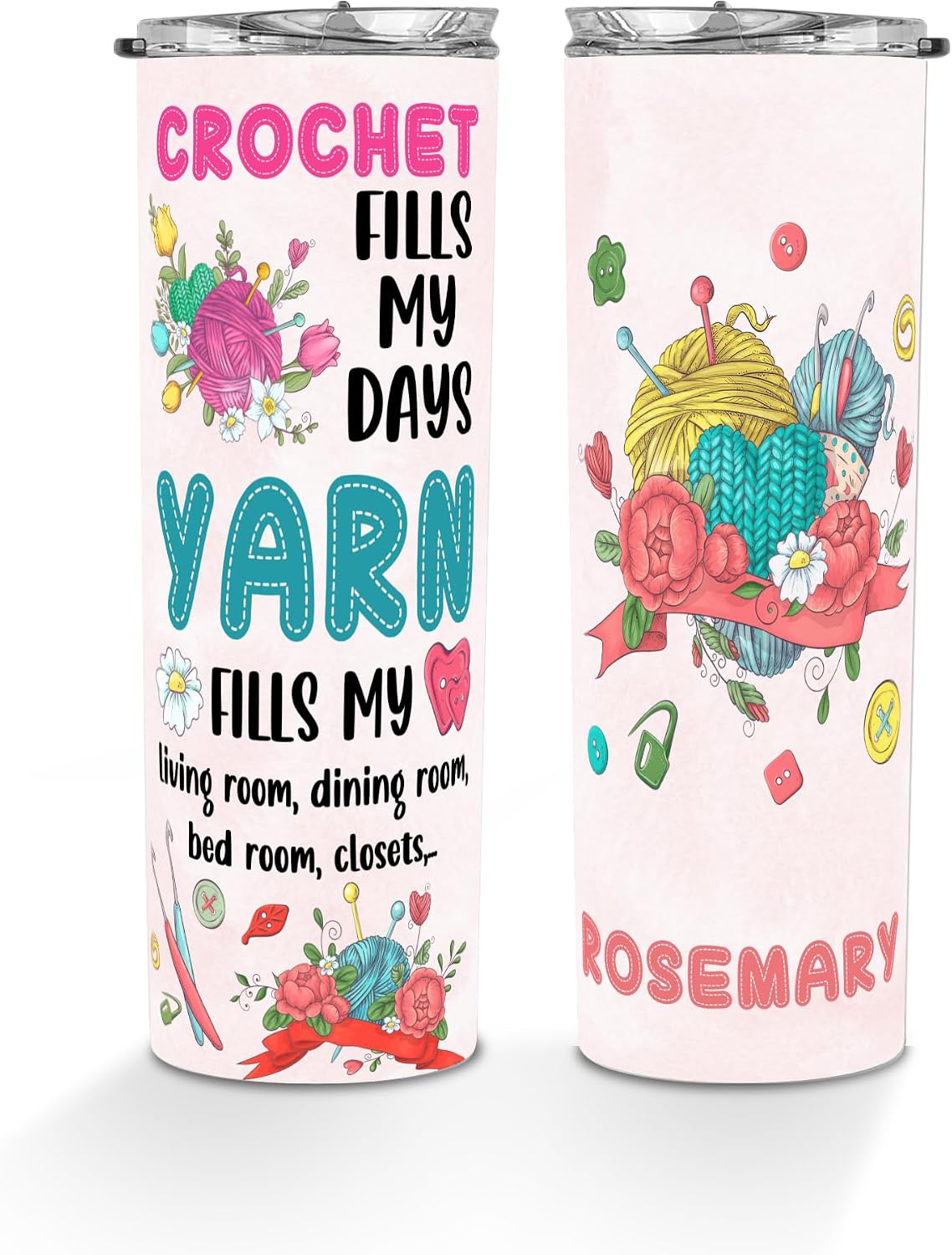 Gossby Personalized Custom Stainless Tumbler (Skinny Tumbler) Crochet Fills My Days Personalized Tumbler with Name, Custom Stainless Steel Double Tumbler Engrave Name Gifts for Her, Personalized Cups