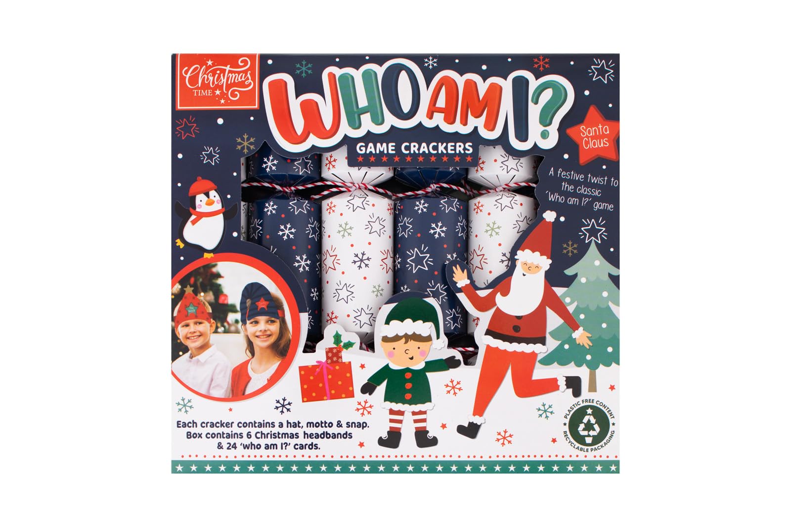 RSW Christmas Cracker Set of 6 – Who Am I Game – Fun Family Party Crackers with Gonk Headbands & 24 Guessing Game Cards – 9" Crackers with Hat & Motto