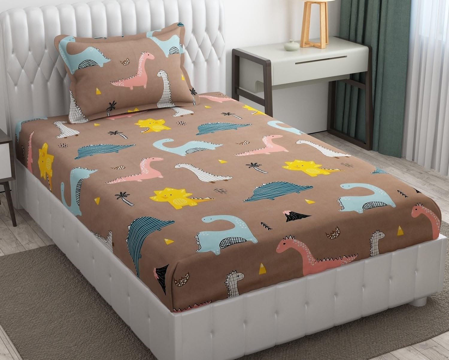 Glace Cotton All Around Elastic Fitted Bedsheet for Single Bed (36 x 78 x 8 Inches) fits Upto 8 inch Mattress, for Kids with 1 Pillow Cover - Brown Dinosaur