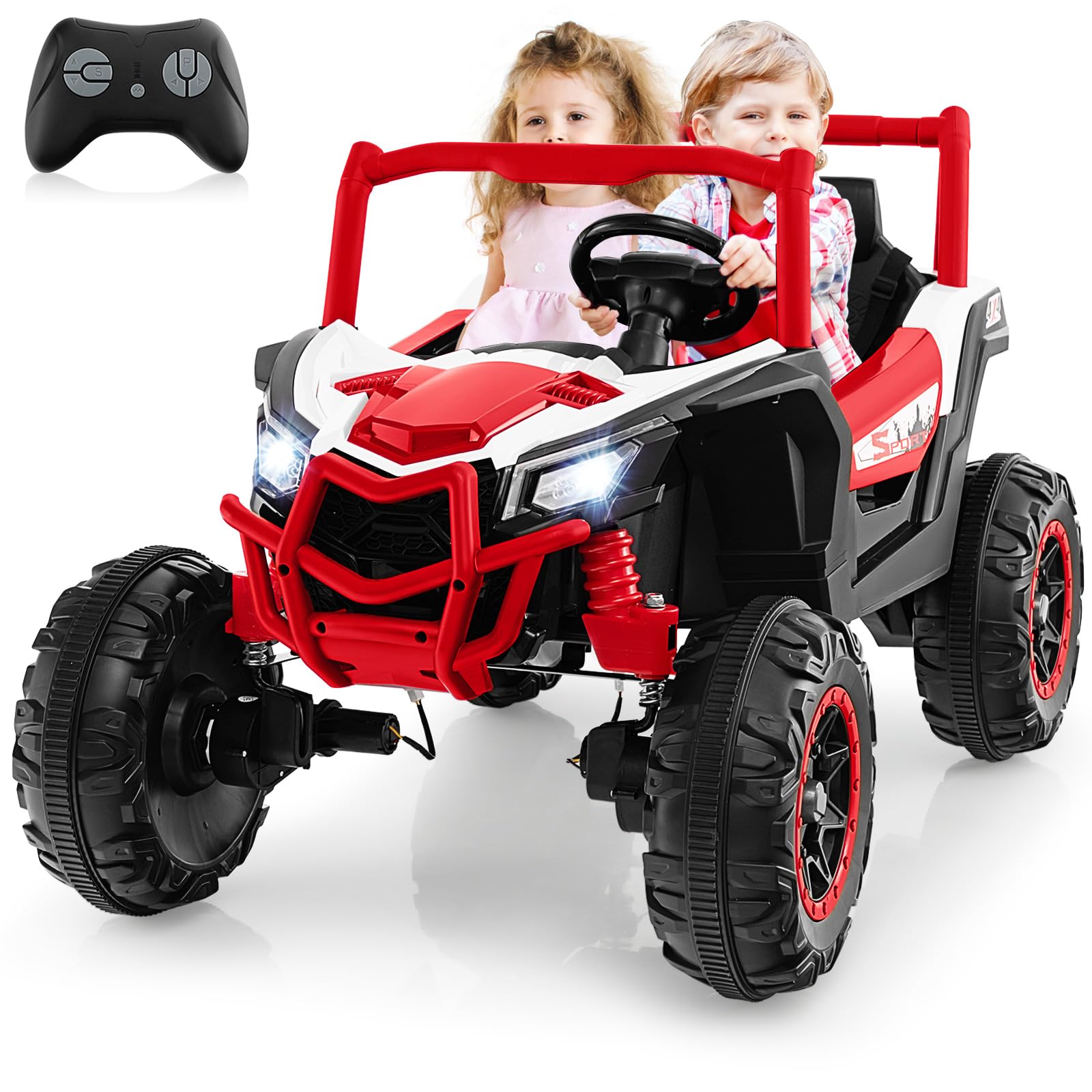 COSTWAY 24V Kids Electric Ride on UTV, 2-Seater Battery Powered Toy Car with Remote Control, MP3, Music, Lights, Spring Suspension, 4 Motors Ride On Vehicle for 3+ Years Old (Red)
