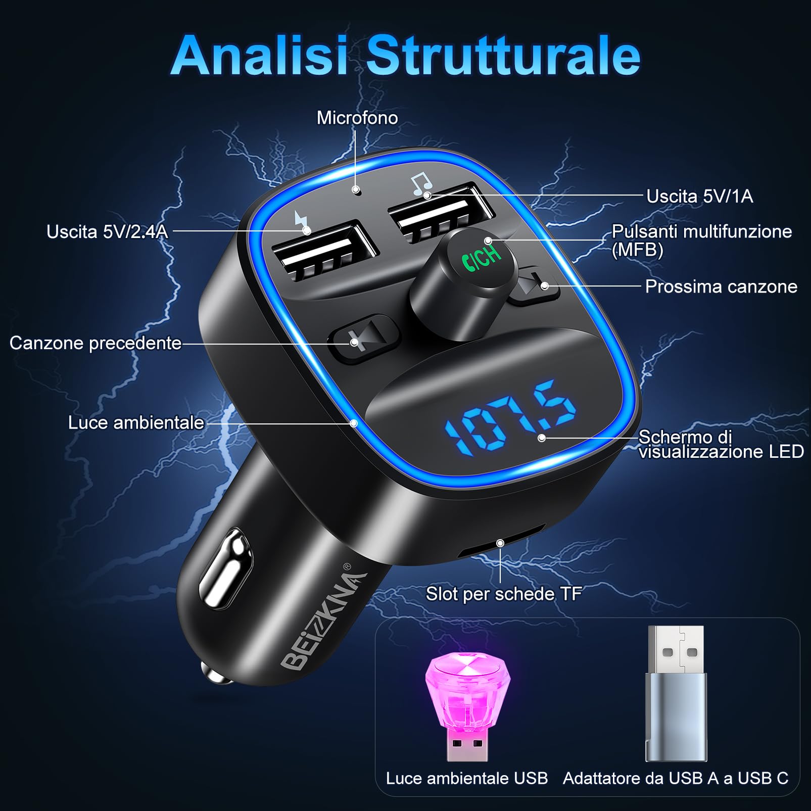 Trasmettitore FM Bluetooth 5.3 per Auto Radio, Adattatore Bluetooth Auto con 2 Porte USB, Kit Vivavoce MP3 Audio Lettore Caricabatterie Auto Supporto BT, Scheda TF, Disco USB