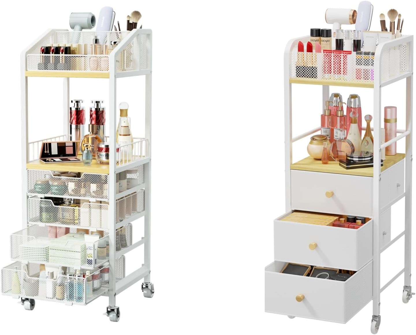 HapiRm Makeup Organizer Storage Cart - Floor Skincare Make Up Organizers with Drawers, Rolling Makeup Cart Vanity Organizer Cosmetics Display Cases Holder for Skin Care Perfume Nail Polish