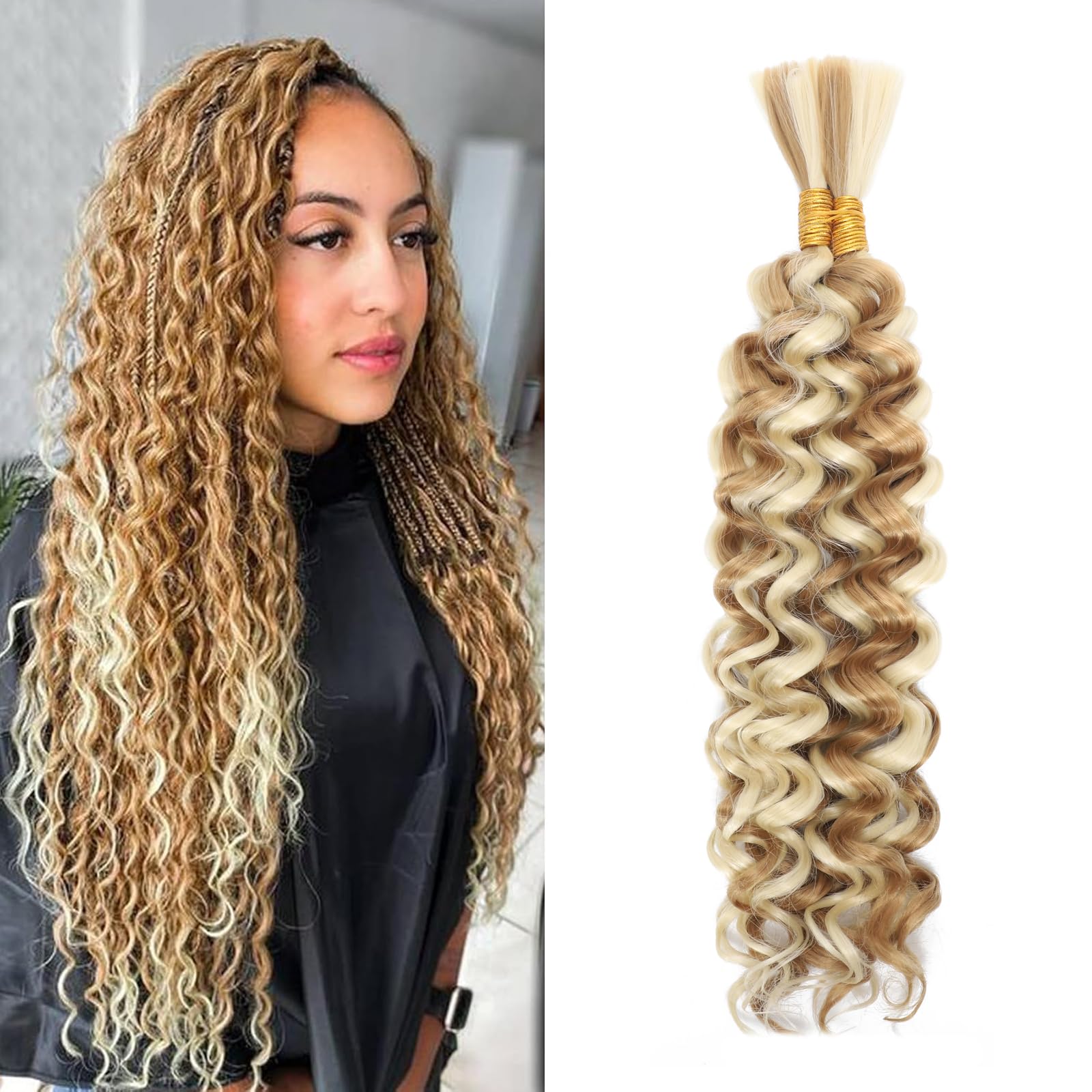 Water Wave Bulk for Braiding 18inch 110g With 2 Bundles Deep Wave Bulk Hair for Boho Braids No Weft Curly Wavy Synthetic Bohemian Braiding Hair Extensions for Women (P27/613