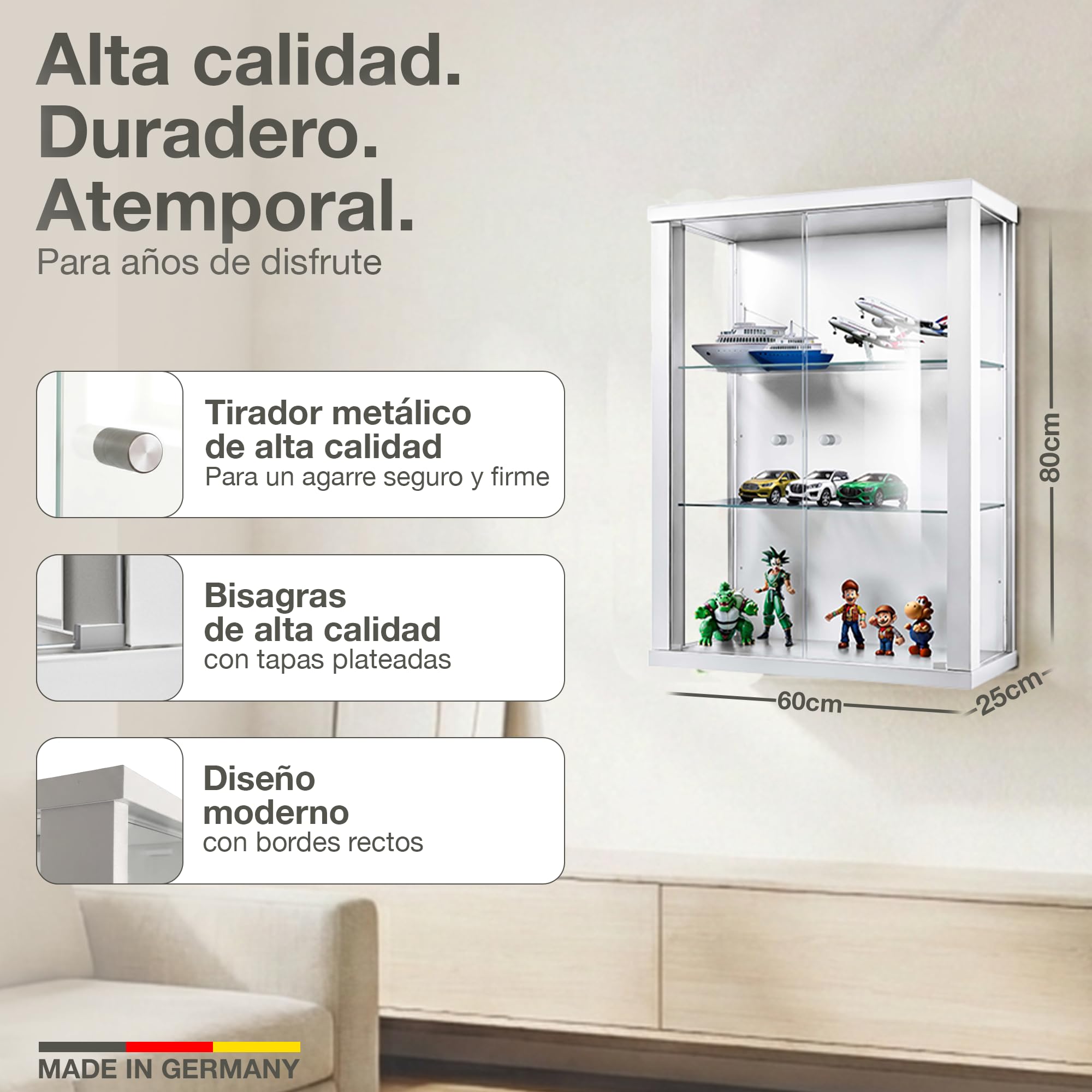 Vitrina de Cristal de en Blanco (80x60x25 cm) con 2 estantes de Cristal Ajustables en Altura - Vitrina para maquetas de Coches en Blanco - Vitrina de exposición