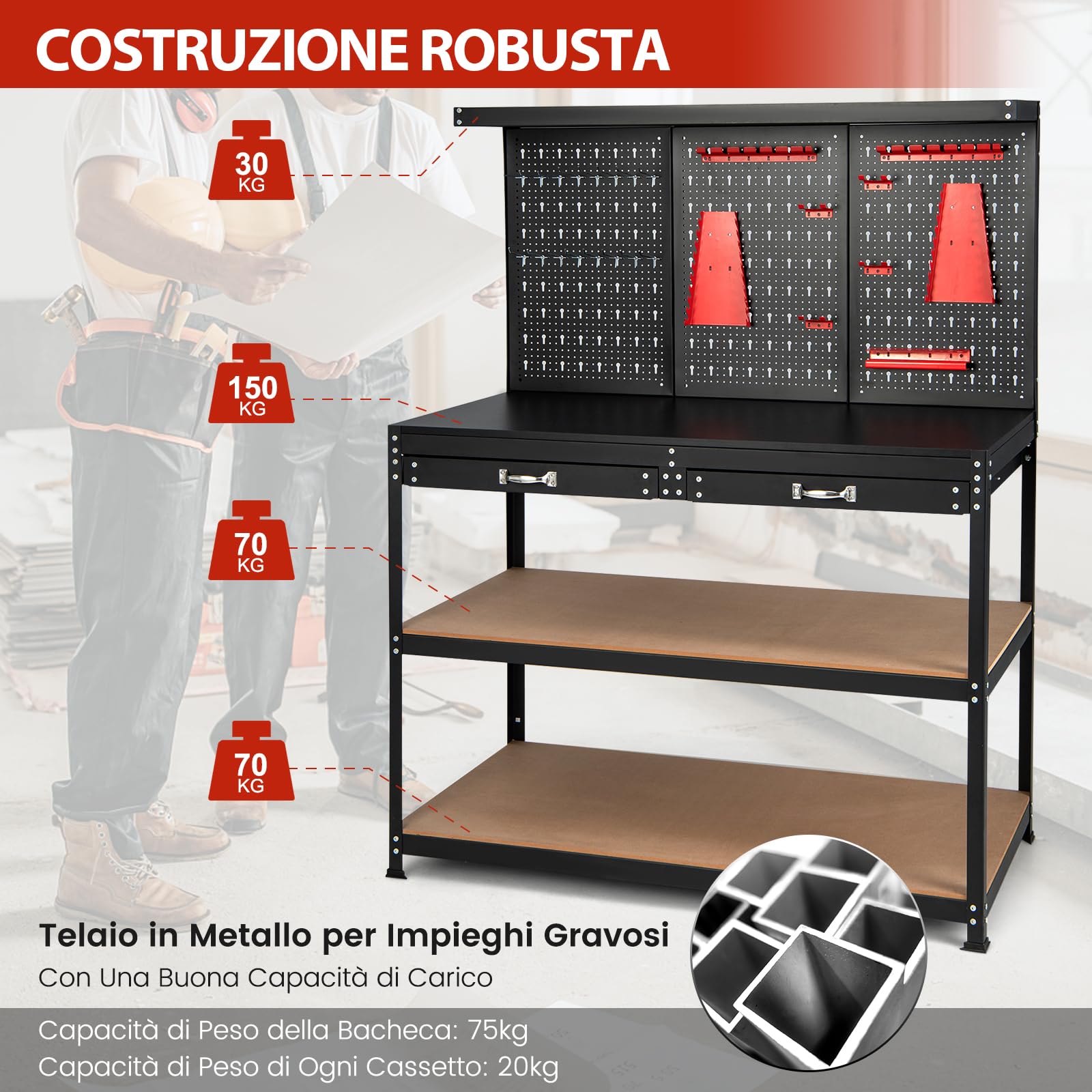 COSTWAY Banco da Lavoro con Pannello a Chiodi, Tavolo da Officina con Cassetti, Ripiani e 25 Accessori Appendibili, Carico Massimo 435 kg, per Garage, Casa, Officina e Magazzino