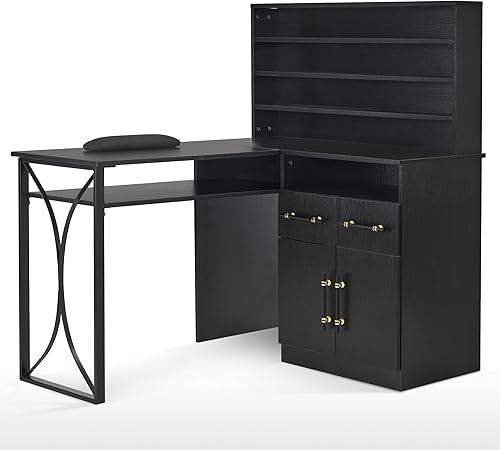 Miniatura 10 de BarberPub Escritorio de uñas en forma de L para almacenamiento, mesa de manicura versátil con cajones, escritorio de uñas con gabinetes, estación de