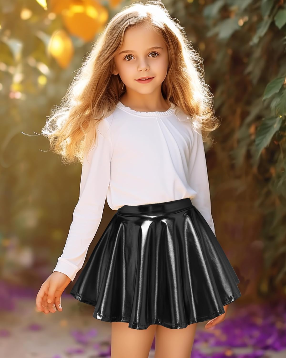 Auranso Girls Metallic Skater Skirt Sparkly Shiny Flared Pleated A-Line Mini Skort - Image 3