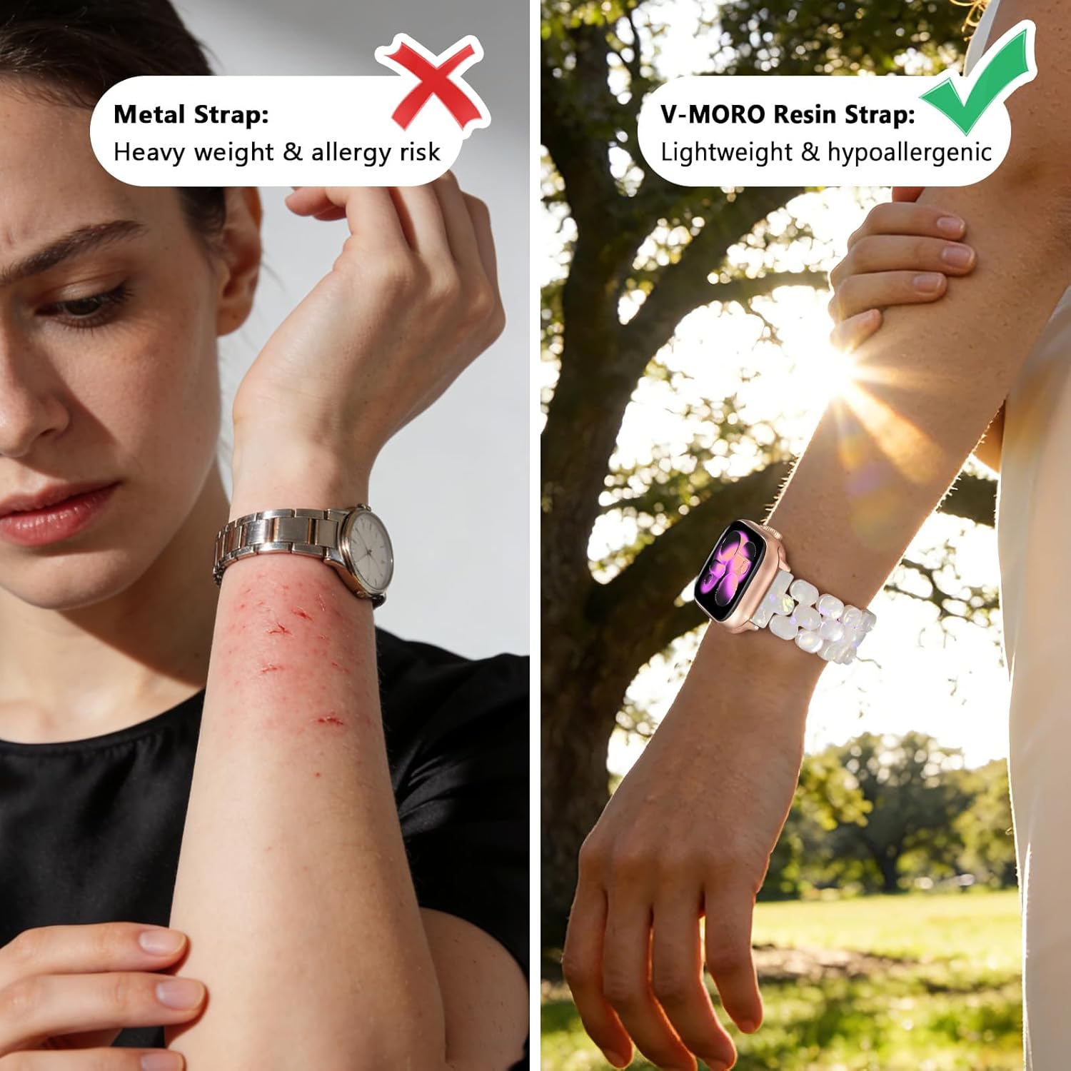 V-MORO Resin Bracelet Compatible with Apple Watch Band 40mm/41mm/42mm/38mm Women Fashion Cute Wristband for iWatch Series 11/10/9/8/7/6/5/4/3/2/1/SE Lightweight Dressy Fancy Strap(Colorful Ivory White) - Image 5