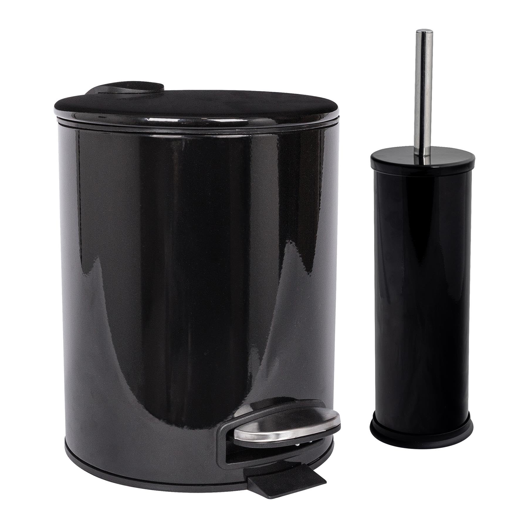 Harbour Housewares 5L Bathroom Bin & Brush Set - Black - 2pc Round Stainless Steel Pedal Bin & Toilet Brush Set Slim Small Trashcan for Kitchen Waste, Bathroom Rubbish
