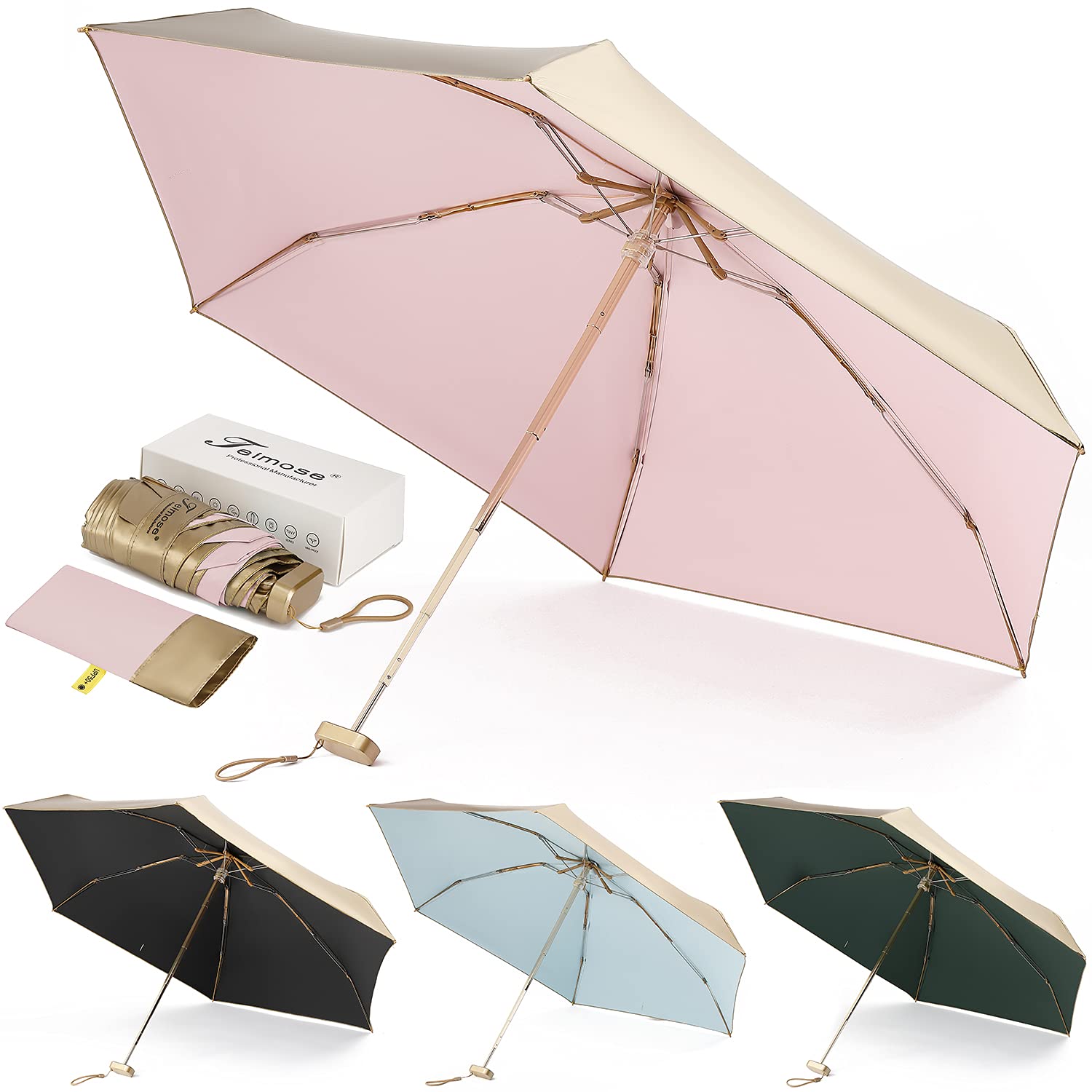 TEIMOSE Ultra Light Umbrella,Rain & Sun compact Umbrella Windproof, Mini Folding Umbrella for Travel Windproof, Rainproof & 99% UV Protection with Black Anti-UV Coating, UPF50+