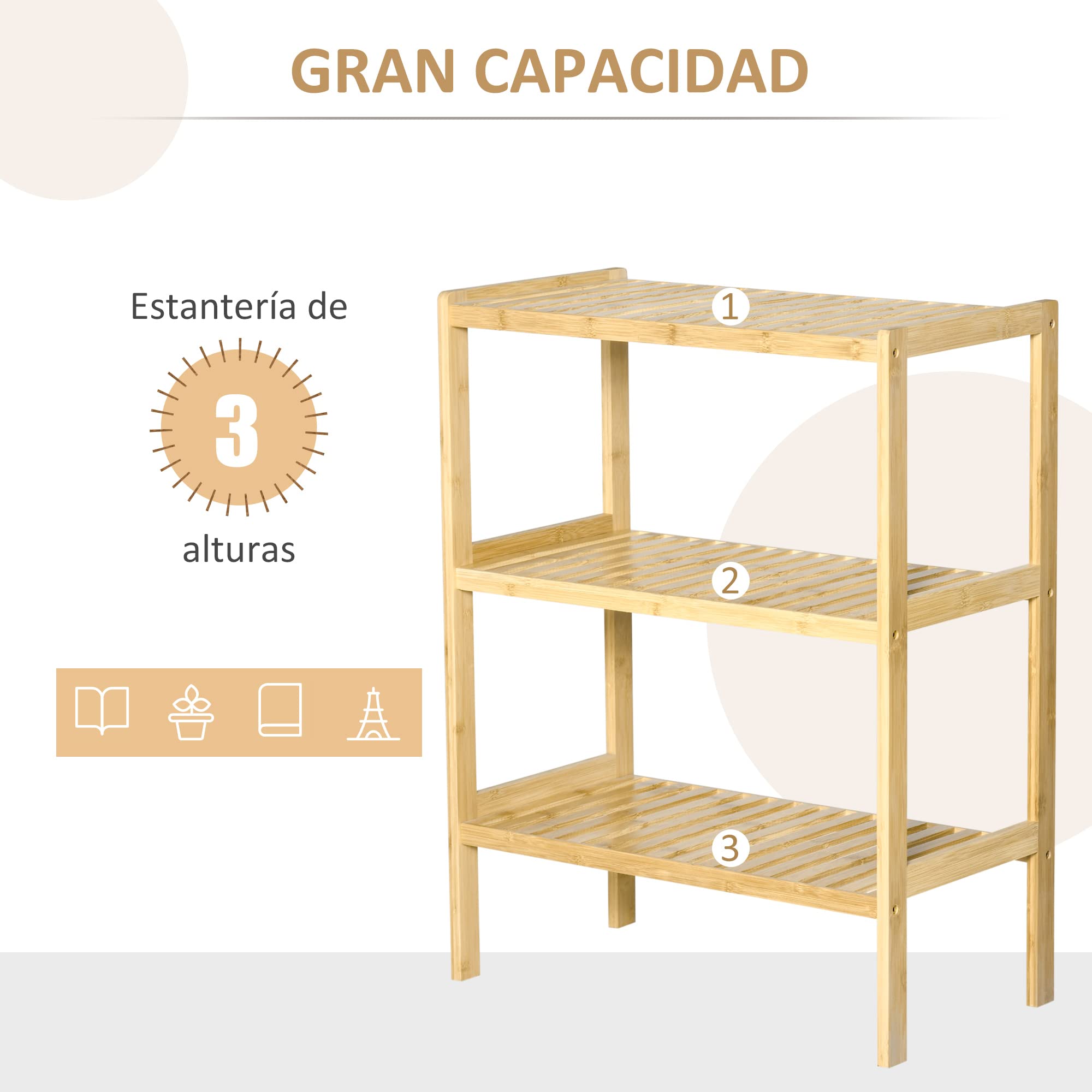 HOMCOM Estantería de Bambú 3 Niveles 62x33x80 cm Natural para Baño Cocina