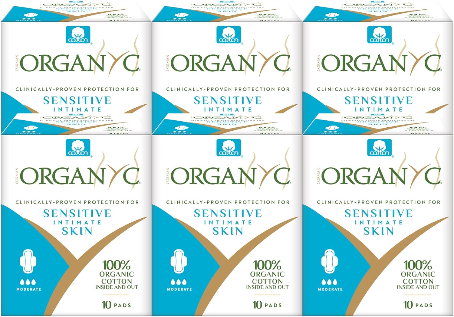 Organyc - 100% Certified Organic Cotton Feminine Pads - Sanitary Napkin with Wings for Women, Moderate Flow, Regular Absorbency, 60 Count (6 Pack of 10 Count)