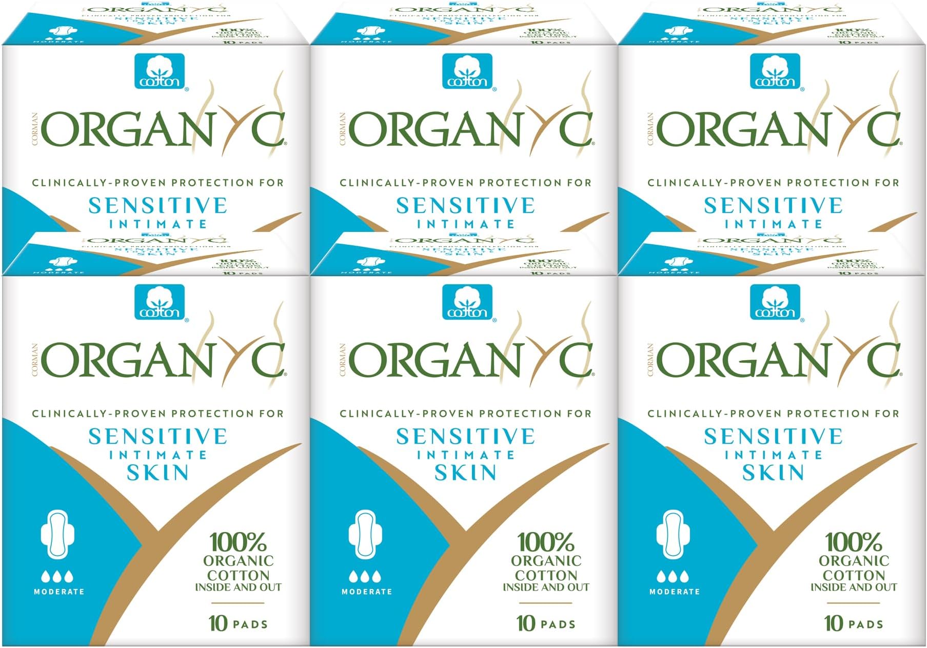 100% Certified Organic Cotton Feminine Pads - Sanitary Napkin with Wings for Women, Moderate Flow, Regular Absorbency, 60 Count (6 Pack of 10 Count)