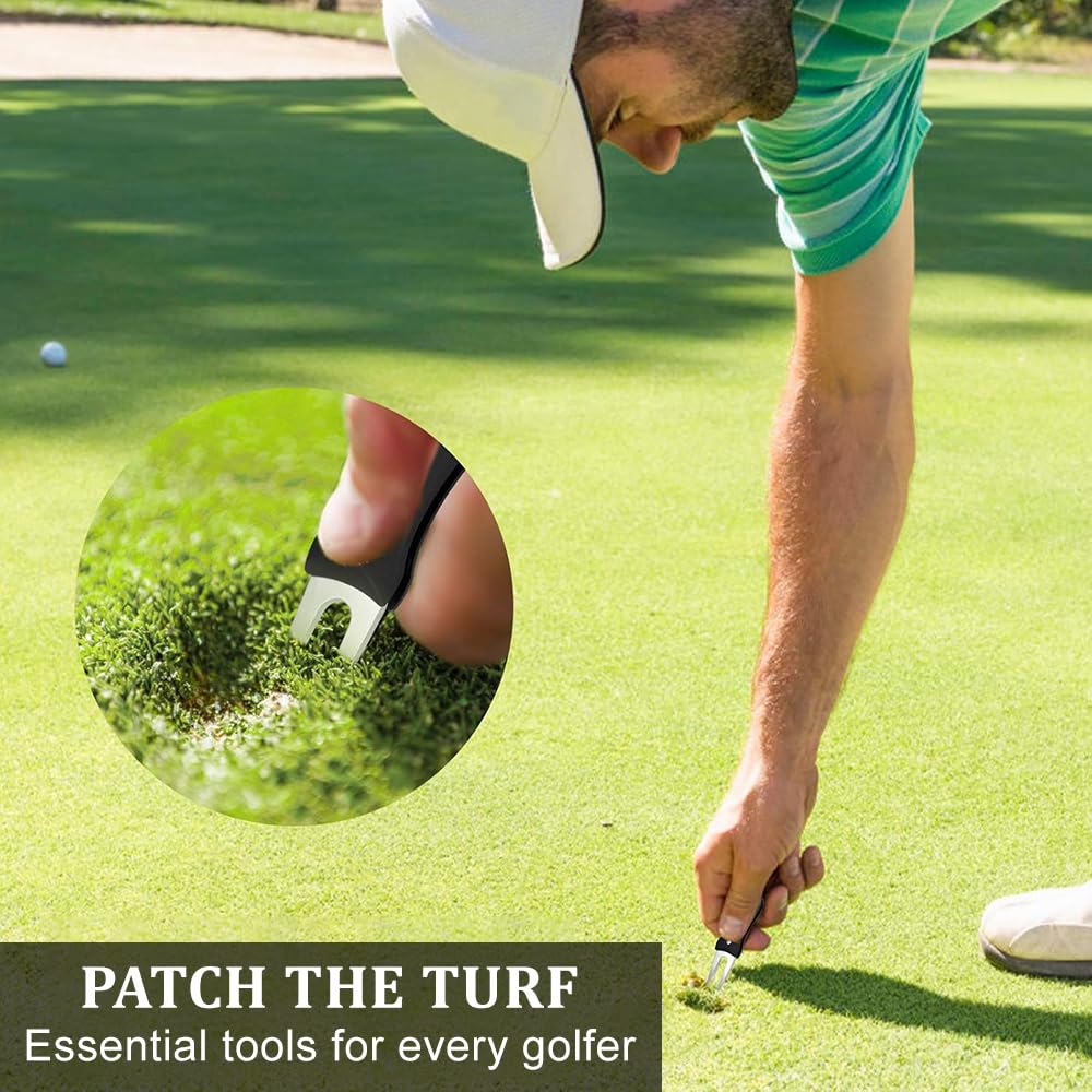 Herramienta de reparación de divot de golf, horquilla de lanzamiento de golf de acero inoxidable con botón desplegable y marcador de bola magnético, herramienta de divot ligera y plegable, para