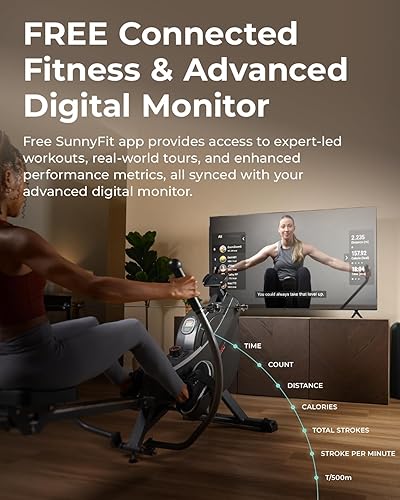 Miniatura 3 de Sunny Health & Fitness Máquina de remo inteligente compacta de movimiento completo, entrenamiento de cuerpo completo, riel de bajo impacto, riel