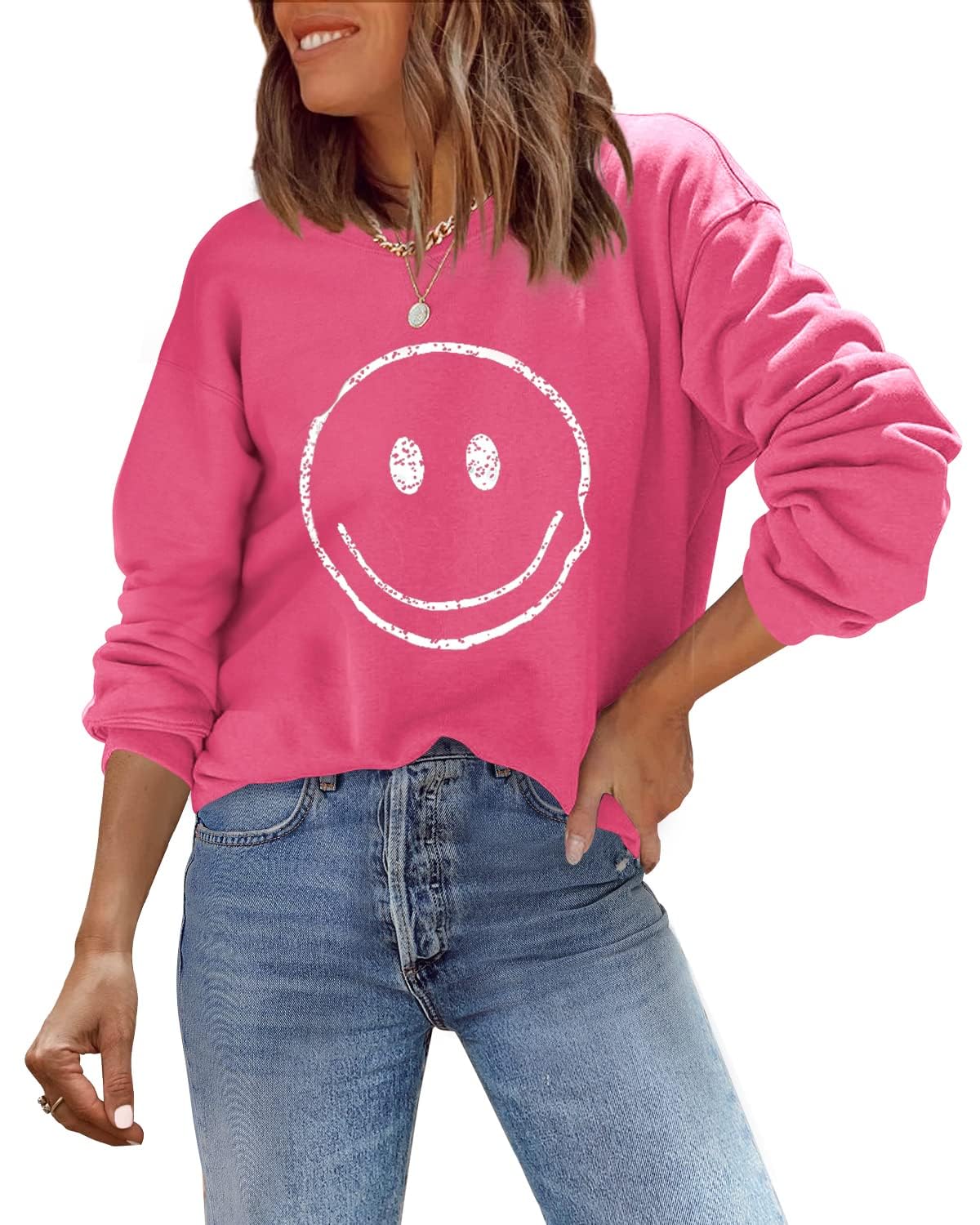 ReachMe Womens Smile Face Sweatshirt Cute Trendy Graphic Sweatshirts Casual Loose Long Sleeve Crewneck Pullover Tops