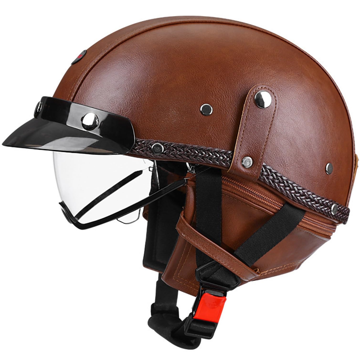 Półkask motocyklowy Skórzany kask retro Jet, wygodna wyściółka, kask otwarty z homologacją ECE dla mężczyzn i kobiet, do cruisera, motoroweru, skutera