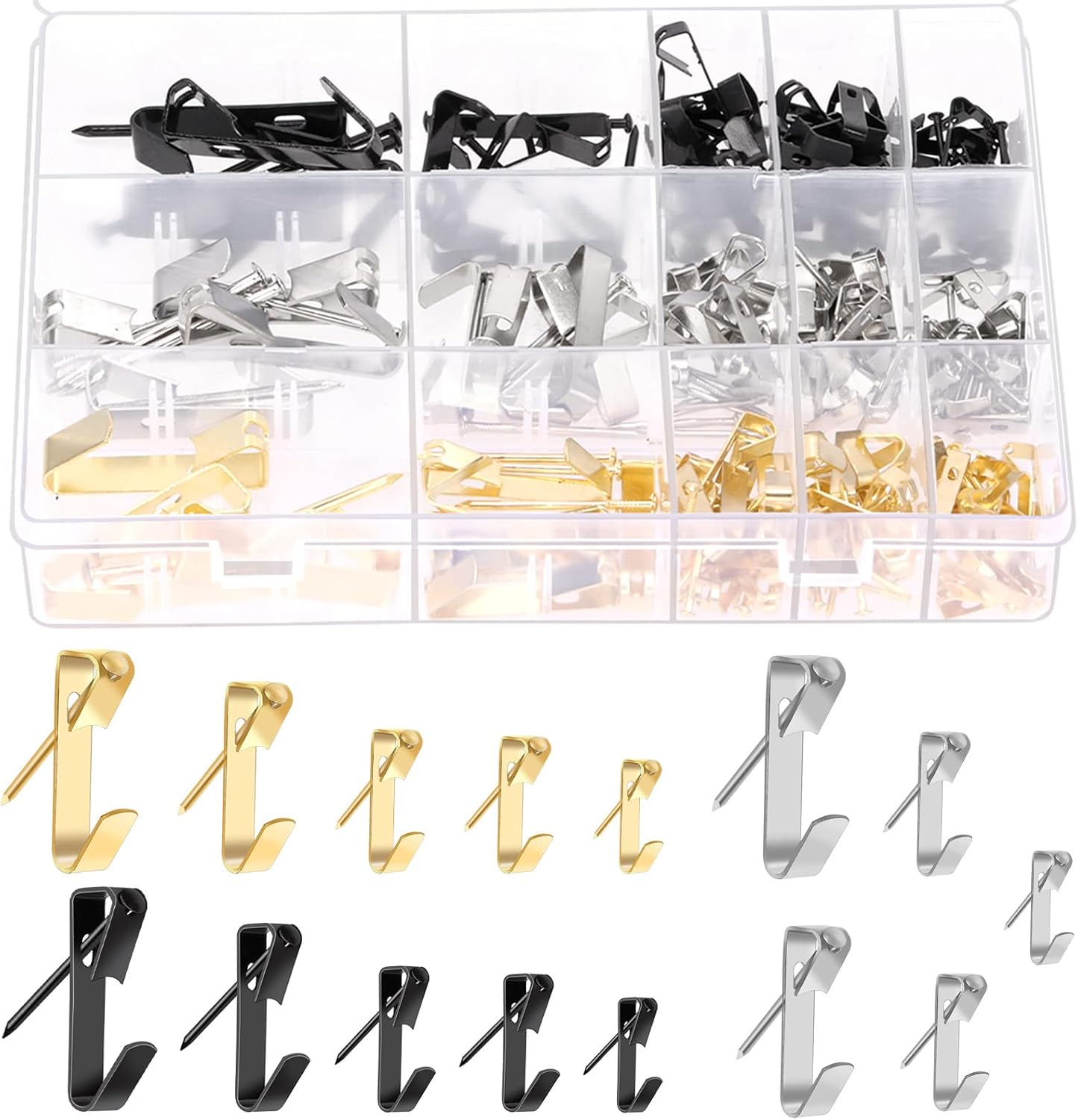 Swpeet 75Pcs 5 Sizes 10lb/20lb/30lb/50lb/100lb Silver Picture Hangers with Nails Assortment Kit, Metal Picture Hanging Hooks, Heavy Duty Frame Picture Hooks, Picture Hanging Hardware for Drywall