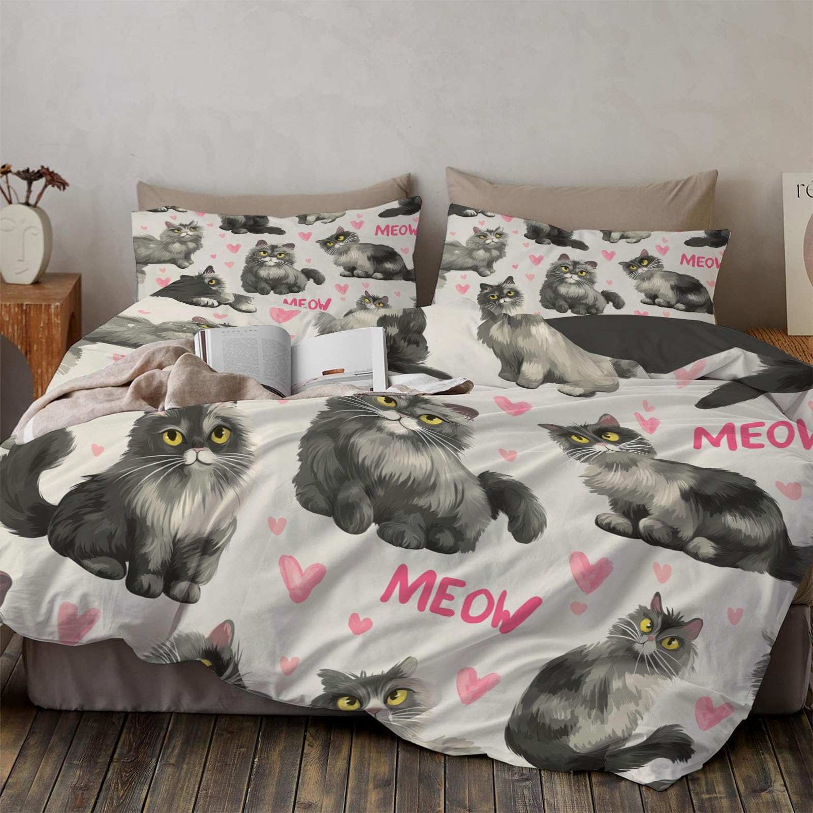 Parure de lit 2 personnes facile à enfiler avec fermeture chat