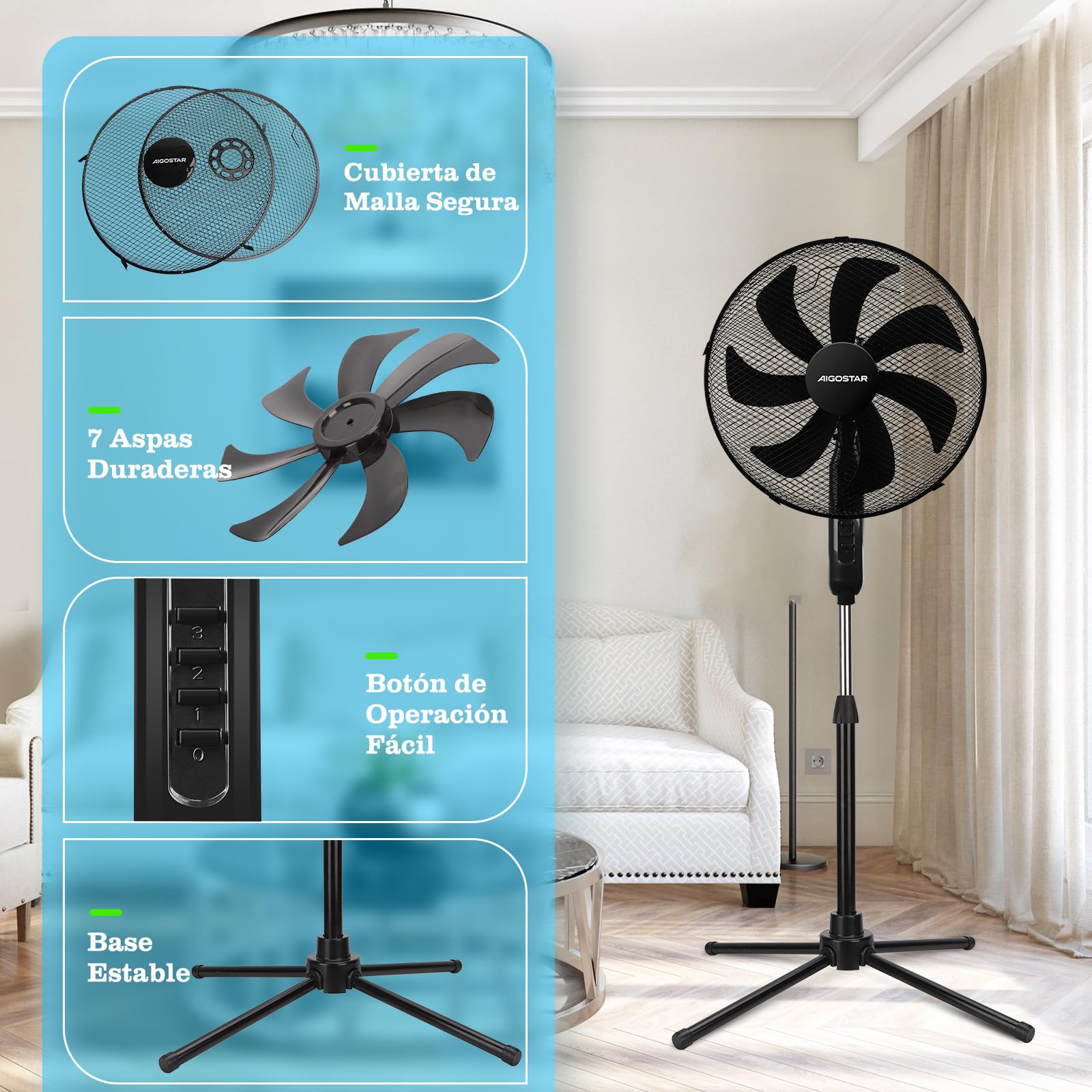 Aigostar Ventilador de Pie con 7 aspas, 50W, diámetro 41 cm. Ventilador de pie silencioso oscilante 75°, 3 Velocidades y altura ajustable 108-125cm. Silencioso para dormir. Color Negro. Elsie